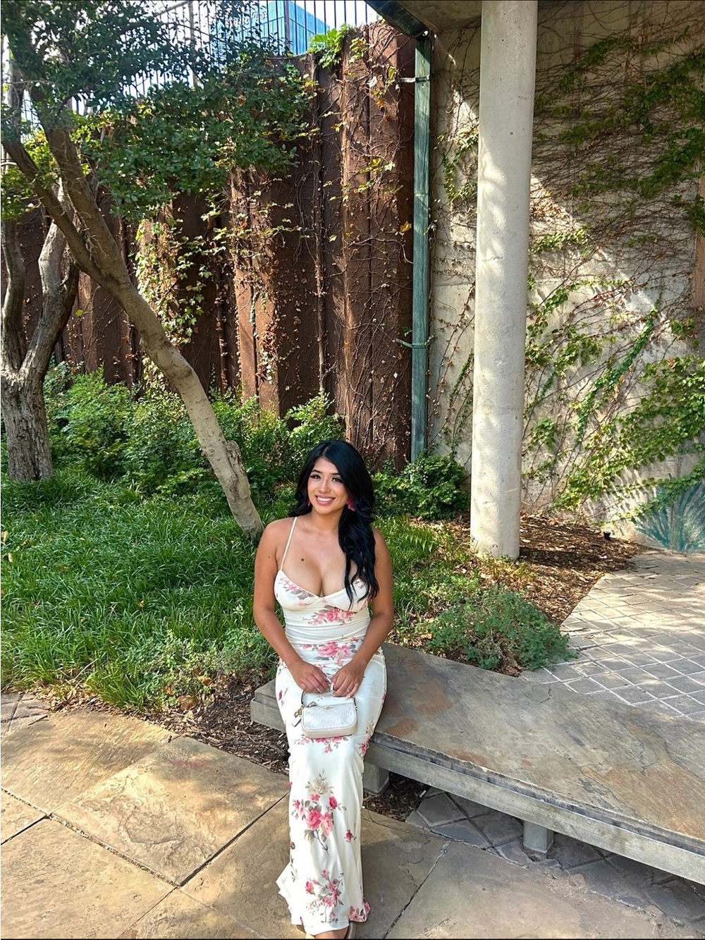 Tiger Mist Ivory Floral Satin Slip Dress with Pink & Green Print